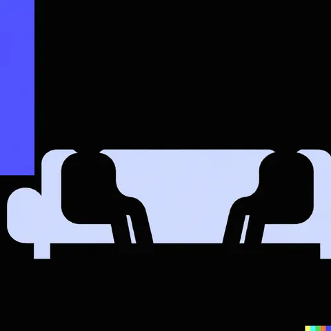 Flat graphic illustration: two black silhouetted figures sit at either end of a pale lavender couch against a black and blue background.