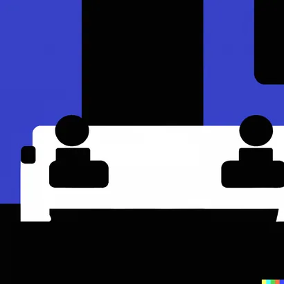 Flat graphic illustration: two black silhouetted figures seated on a white couch against a blue and black background.