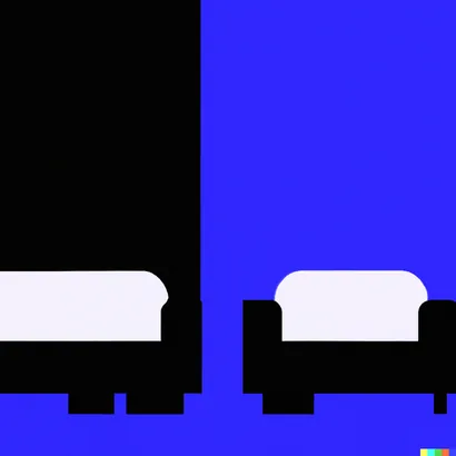 Flat graphic illustration of an empty couch, split by a black section on the left and a blue section on the right.