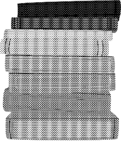 A halftone illustration of a row of book spines standing upright, in shades of gray and black.