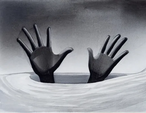 Black-and-white artwork of two dark hands with fingers spread, reaching up out of a pale, swirling surface as if sinking.
