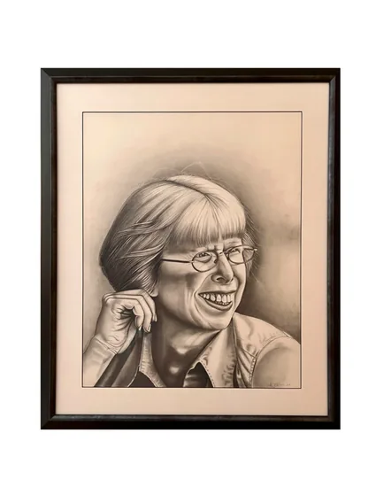 A framed graphite drawing of Janice Nora Lackey, an older woman with short light hair and round glasses, laughing with one hand raised near her face.