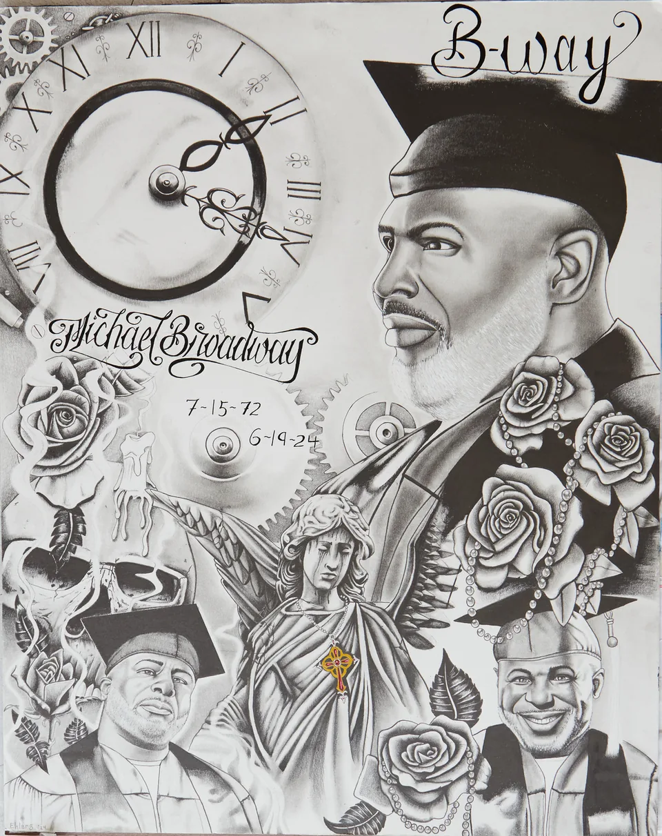 A pencil drawing of a man in a mortarboard shown in profile, surrounded by a clock, gears, roses, an angel statue and two smaller portraits, with the lettering “B-way,” “Michael Broadway,” “7-15-72” and “6-19-24.”