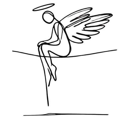 Single-line drawing of an angel with a halo and wings sitting on a wire.