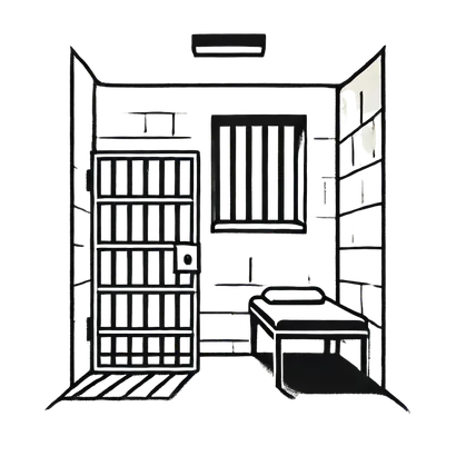 Black line drawing of a small prison cell with a barred door, a barred window, a light fixture, and a bunk.
