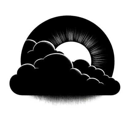 Black-and-white illustration of a dark cloud partly covering a sun ringed by a black arc with radiating lines.