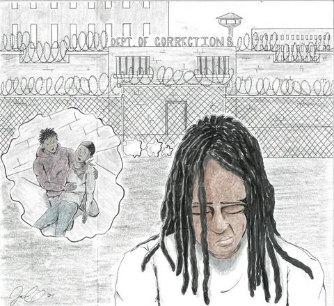 Pencil-and-color drawing of a man with long locs and closed eyes, head bowed, in front of a prison wall marked "Dept. of Corrections" with razor wire and a guard tower; a thought bubble shows one young man cradling another on the ground.