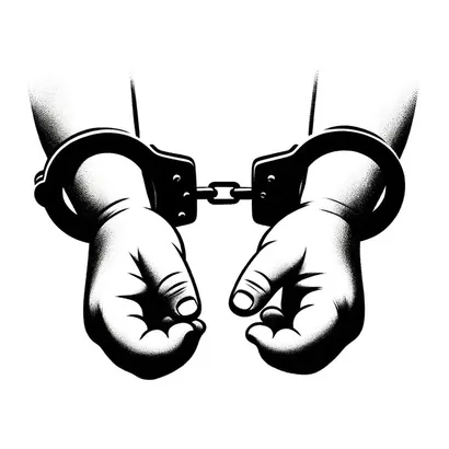 Black-and-white illustration of two hands, palms up, held together by a pair of handcuffs.