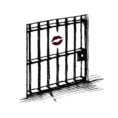 Ink sketch of a barred cell door with a red lipstick kiss print on it.
