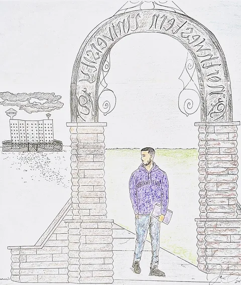 Colored-pencil-style drawing of a young man in a purple patterned shirt and jeans, holding a folder, walking out through a tall stone-and-iron arch, with buildings in the distance behind him.