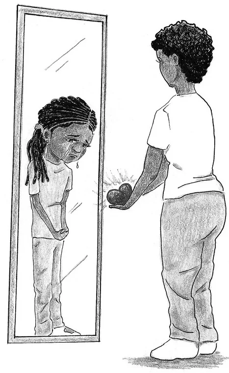 Pencil drawing of a woman holding a small heart while looking into a full-length mirror, where her reflection is a young girl with braids looking down.