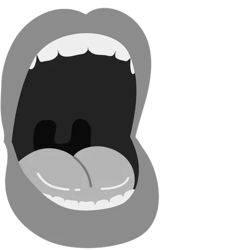 Grayscale cartoon illustration of a wide-open mouth, shouting, with lips, teeth and tongue visible.
