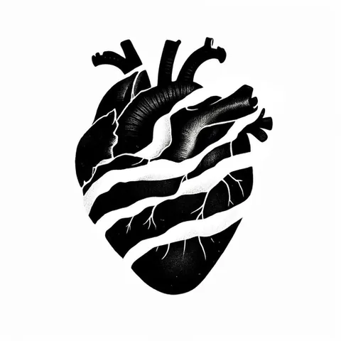Black-and-white illustration of an anatomical heart split by white jagged cracks.