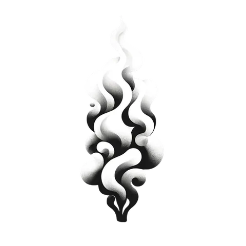 Illustration of curling black-and-white smoke or steam rising in a flame-like plume.