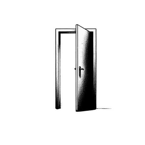 Black-and-white drawing of a door standing partly open in its frame.
