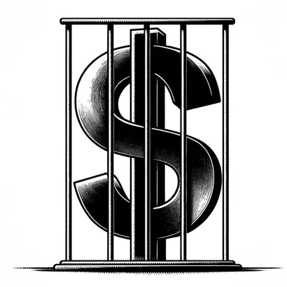 Black-and-white engraving-style illustration of a large dollar sign standing inside a cage of vertical bars.