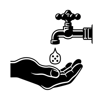 Black-and-white line illustration of a water faucet dripping a single drop, with dots inside it, into an open cupped hand.