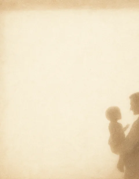 Soft sepia, parchment-textured image; in the lower right, the faded silhouette of a man holding a small child.