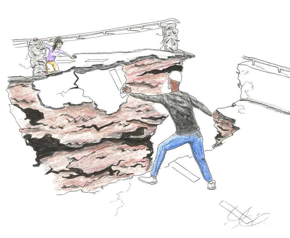 Colored-pencil drawing of a man in a dark sweater and blue jeans climbing a broken, crumbling road toward a woman in purple who reaches down to him from the top.