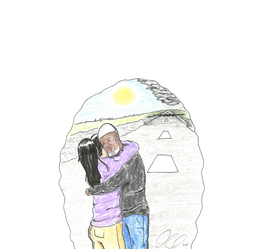 Colored-pencil drawing, in an oval vignette, of a man in a white cap embracing a young woman with long dark hair on a road leading toward a bright sun.