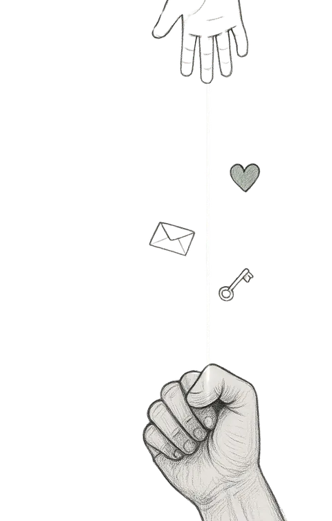 Pencil drawing of an open hand reaching down from the top of the page and a clenched fist rising from the bottom, joined by a thin vertical line, with small sketches of a heart, an envelope and a key floating between them.