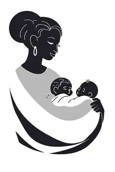 Black, white and gray graphic illustration of a woman in profile with her hair up and a hoop earring, cradling two sleeping babies in a sling.