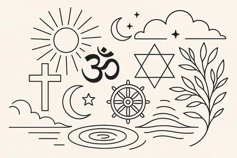 Line illustration of religious and spiritual symbols — a cross, an Om, a Star of David, a dharma wheel, a crescent moon and star — with a sun, clouds, a leafy branch, and rippling water.