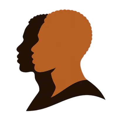 Two overlapping profile silhouettes of heads, one dark brown and one lighter copper-brown, facing left.