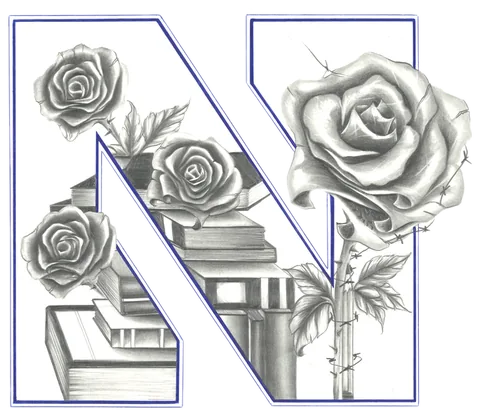 Pencil drawing of a large block letter "N" outlined in blue, with roses and thorny stems growing around and through it.
