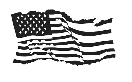 Black graphic of a waving American flag with ragged edges.