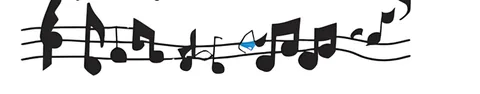Black graphic of a line of musical notes on a wavy staff.