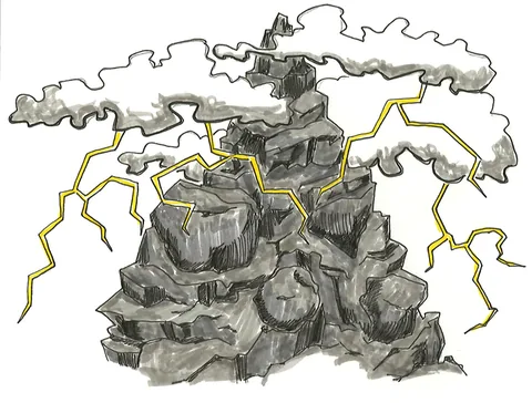 Pencil drawing of a dark, jagged storm cloud or rock mass with yellow lightning bolts striking out from it; handwritten notes appear at top and bottom.