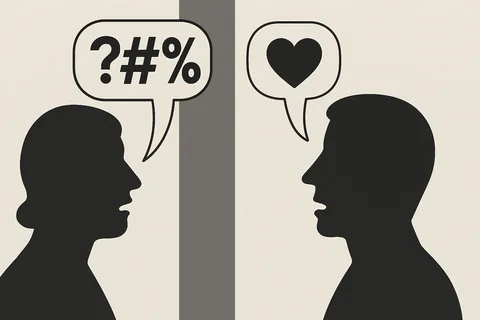 Graphic illustration of two black silhouetted profiles facing each other across a gray vertical bar; the left speech bubble contains “?#%” and the right one a black heart.