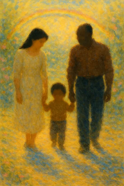 Impressionistic painting in warm yellows and blues of a woman, a man and a small child holding hands as they walk along a sunlit path under a faint rainbow.