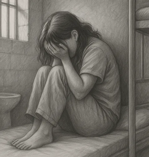 Pencil-style drawing of a person with long hair sitting on the floor against a cell wall with knees drawn up, face buried in both hands, beside the frame of a bunk bed.