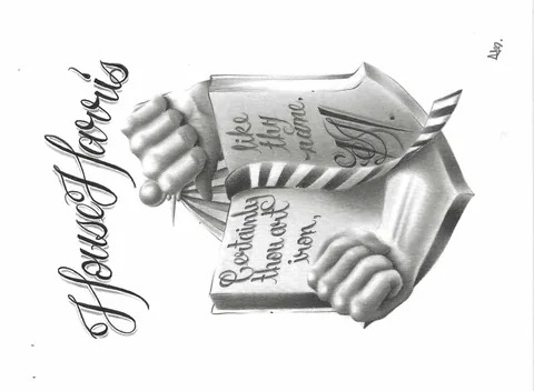 Pencil drawing of a coat of arms: a shield shaped like an open book reading “Certainly thou art iron, like thy name,” two clenched fists, a striped belt, the initials A.S.H., and “House Harris” in script above.