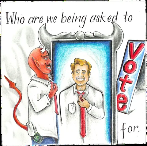 Colored-pencil drawing of a smiling man in a suit and red tie standing in a doorway, with a red devil figure peeking from behind it; handwritten text reads "Who are we being asked to Vote for."