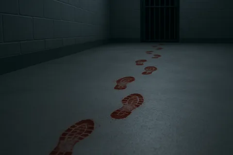 A dim institutional corridor with red, bloody shoe prints leading away down the floor toward a barred cell.