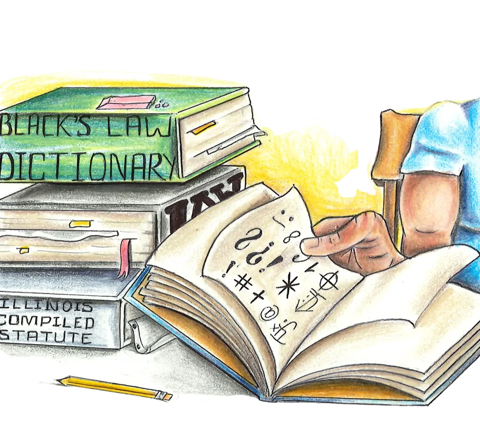 Colored-pencil drawing of a stack of law books — Black’s Law Dictionary and Illinois Compiled Statute — beside an open book whose pages show scrambled symbols, with a hand turning the page and a pencil in front.