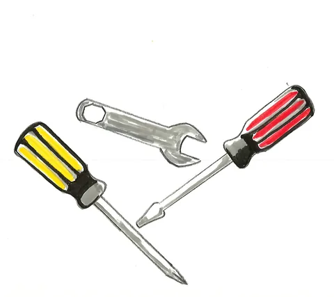 Hand-drawn color illustration of three crossed tools: a yellow-handled screwdriver, a red-handled screwdriver and a silver open-end wrench.