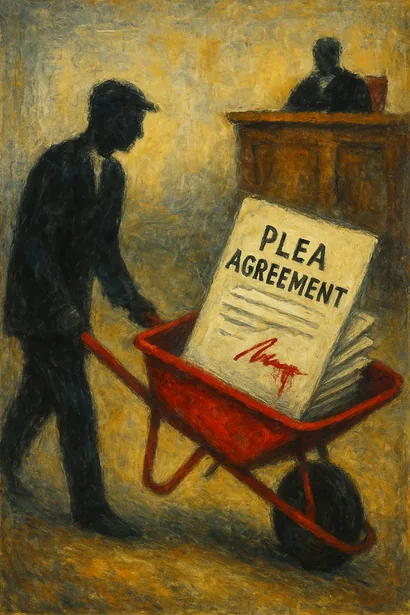 Painting of a hunched man in a cap pushing a red wheelbarrow holding a document labeled "PLEA AGREEMENT," with a judge at a bench in the shadowy background.