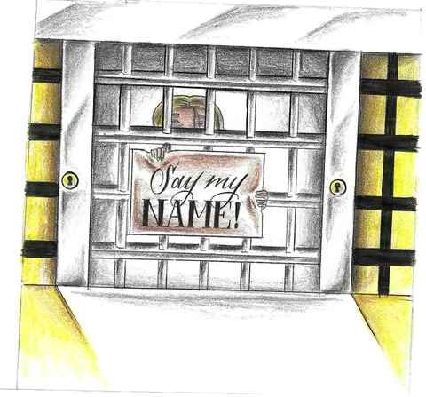 Pencil drawing of a barred prison cell window flanked by yellow-and-black striped posts, with the words "Say my NAME" written behind the bars.