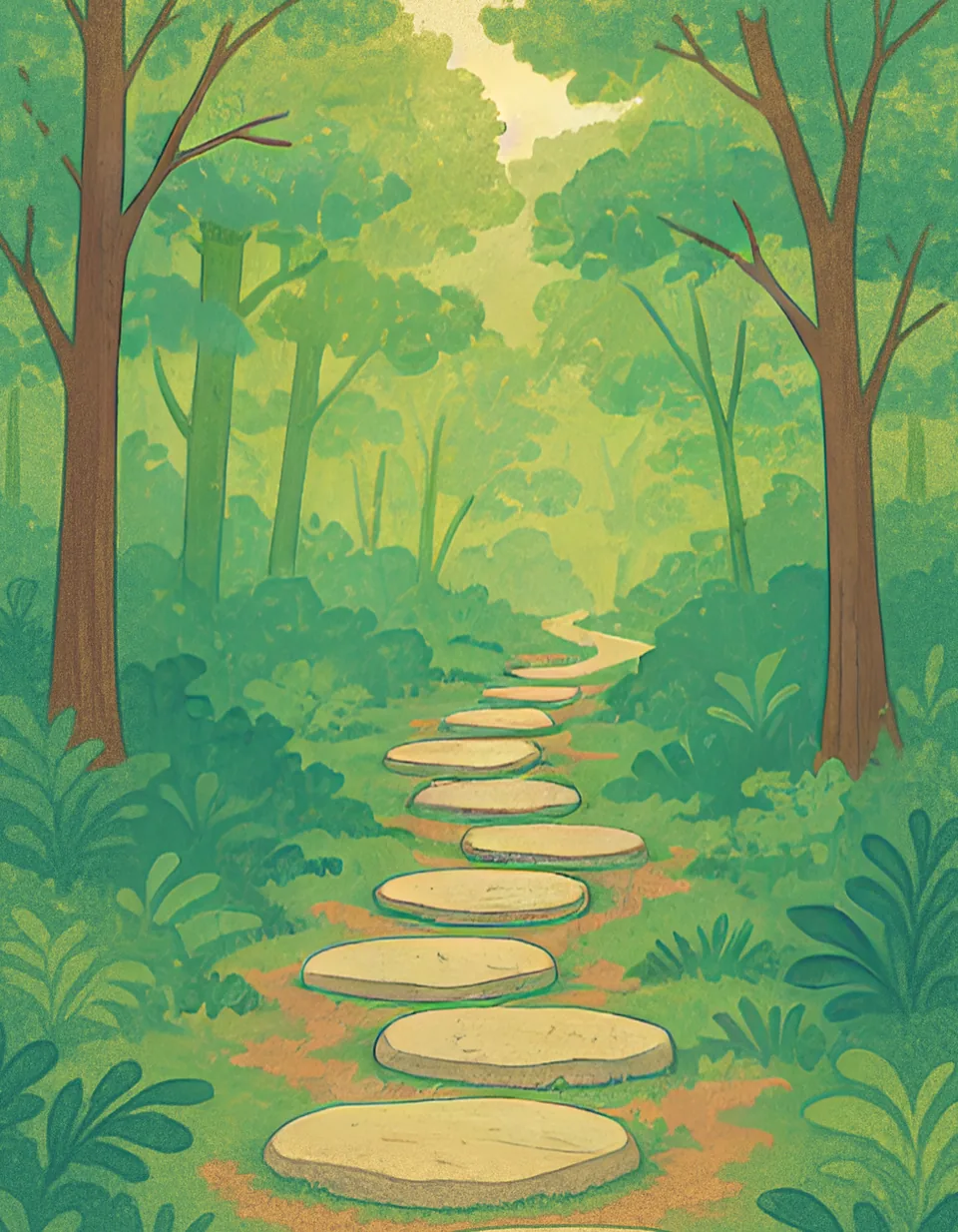 Illustration of a forest path made of flat, round stepping stones winding through green ferns and tall trees toward a bright clearing.