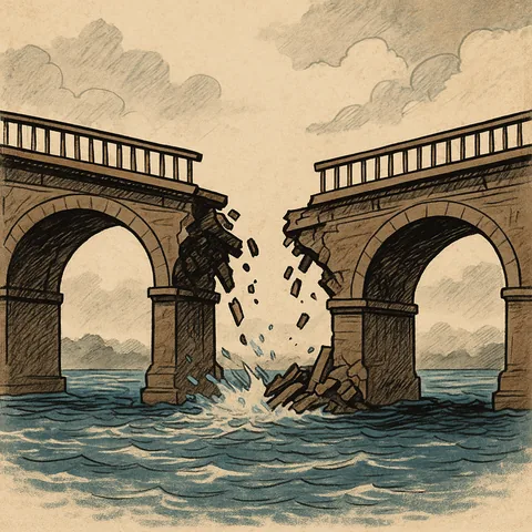 Illustration of a stone arched bridge broken in the middle, with debris falling into water between the two halves.
