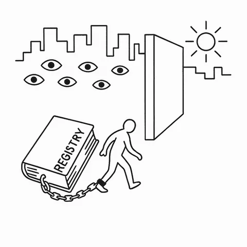 Line drawing of a figure walking away from a large book labeled “REGISTRY” chained to their ankle, beneath a city skyline with watching eyes, heading toward a doorway and a sun.