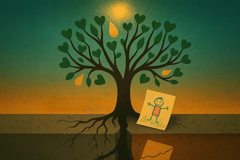 Painted illustration of a dark tree with heart-shaped green leaves and a few orange teardrop shapes against a green-to-orange sky; a child’s crayon drawing of a smiling figure is propped against the trunk.