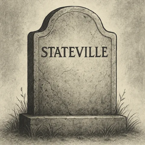 Drawing of a weathered, cracked gravestone engraved with the word “STATEVILLE,” with tufts of grass at its base.