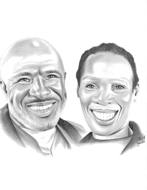 Graphite pencil portrait of a smiling bald man with a goatee and a smiling woman with short hair, side by side; the artist’s signature is in the lower right.