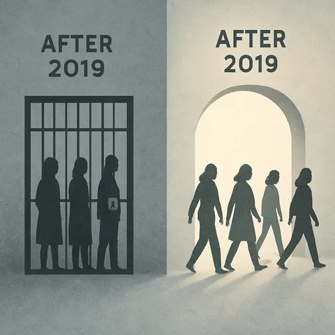 Illustration of silhouetted figures: on the left, three figures stand behind prison bars in shadow; on the right, four figures walk out through a bright archway.