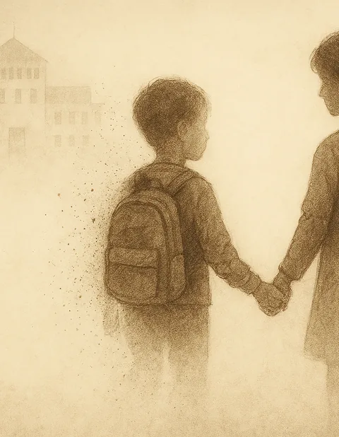 Sepia drawing of two children seen from behind holding hands, a small boy with a backpack whose figure dissolves into specks on one side, facing a hazy building in the distance.